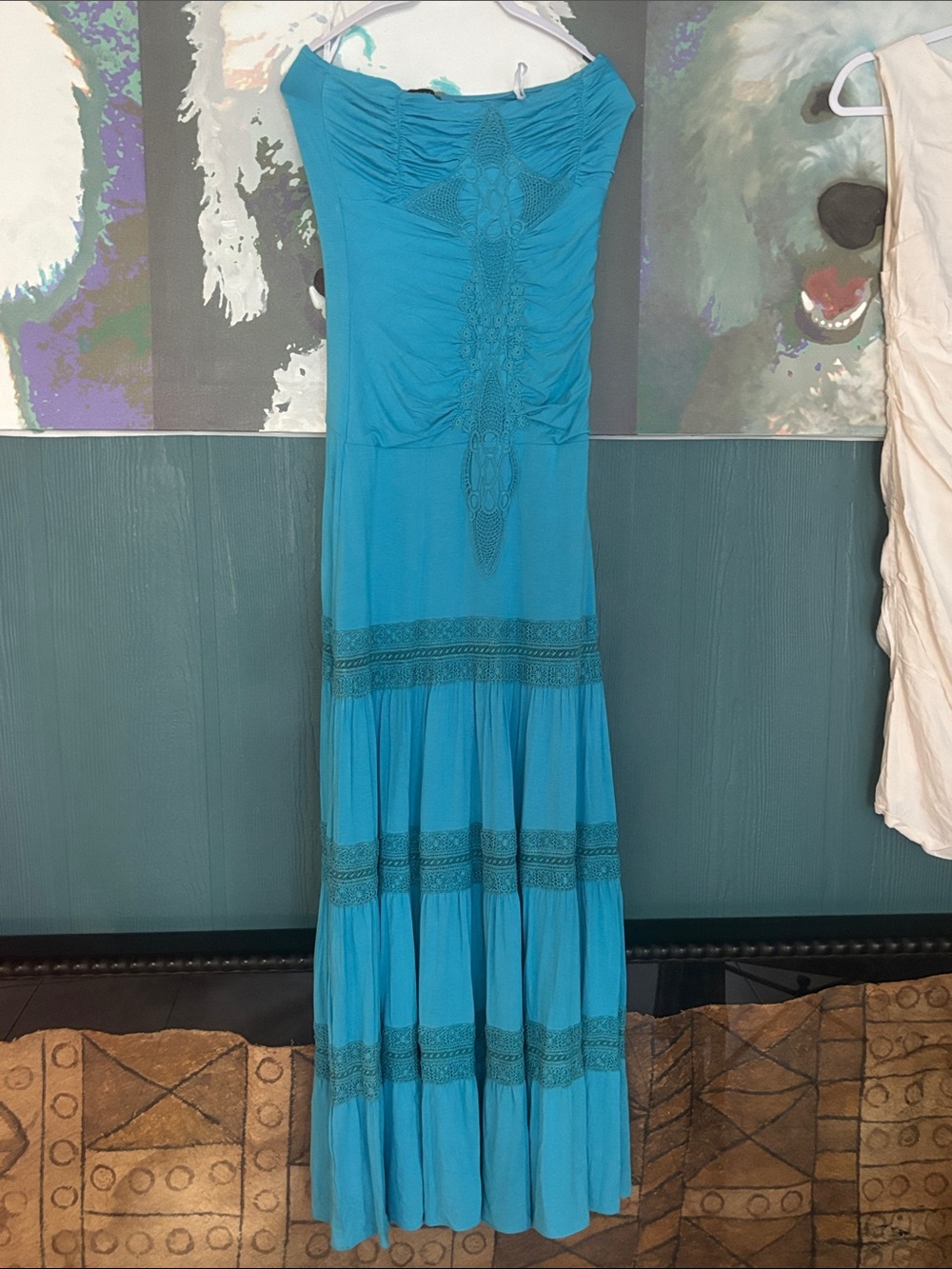 Sky Turquoise Blue Tiered Maxi Dress with Lace Trim